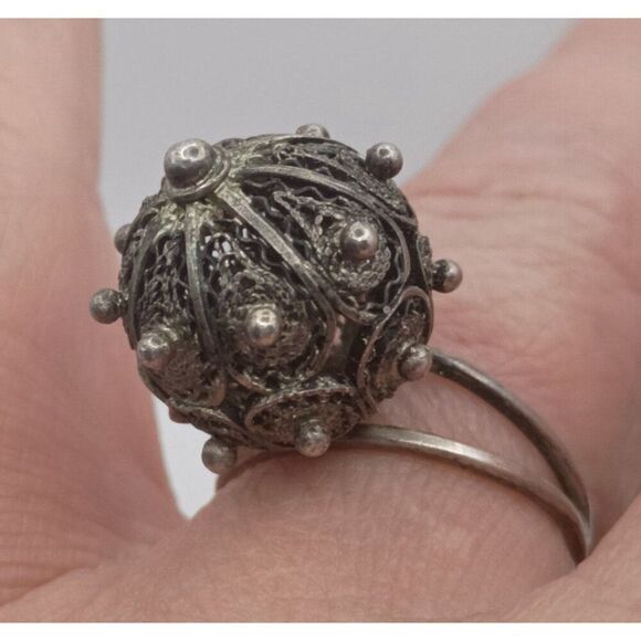 Vintage Antique Ornate Filigree Dome Ball Button Ring Adjustable Bypass Size 7 - Picture 2 of 8